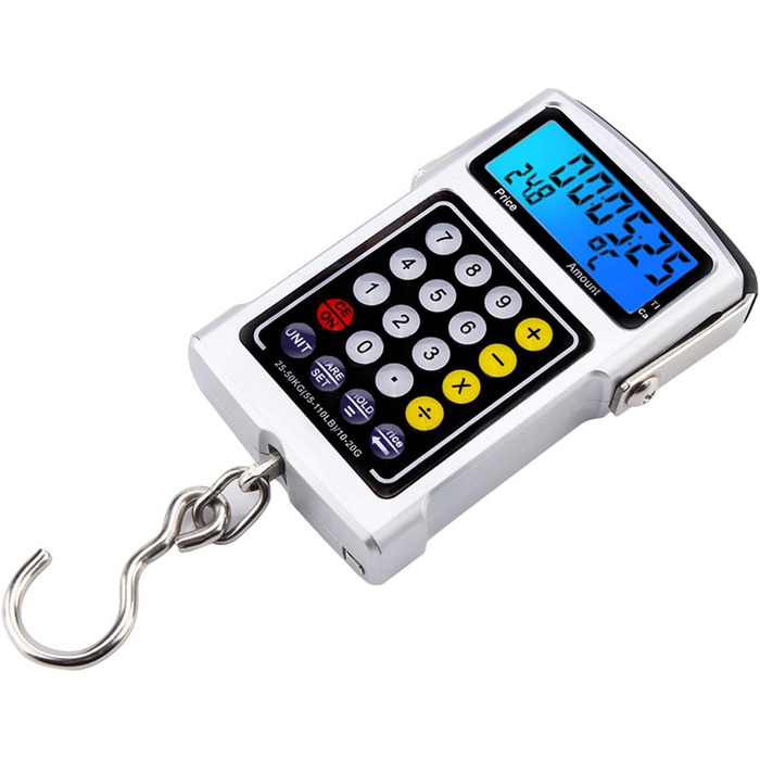 Електронні ваги для рибальських гачків, цифрові підвісні ваги, місткість 50 кг, з підсвічуванням РК-дисплея, 7-дюймовий багатофункціональний пристрій для риболовлі, подорожей, використання, включає температурний годинник, калькулятор, кран