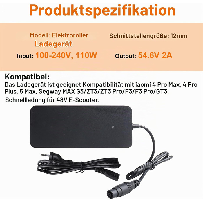 Зарядний пристрій 54,6 В 2 А для електросамокатів Xiaomi 4 Pro Max, 4 Pro Plus, 5 Max, Segway MAX G3/ZT3/ZT3 Pro/F3/F3 Pro/GT3, для літієвих батарей 48 В (ховерборди), штекер 12 мм