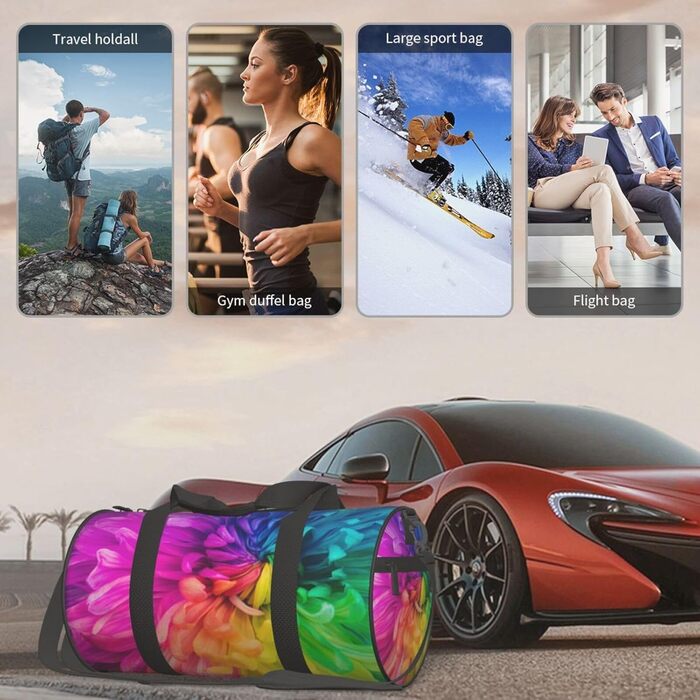 Спортивна сумка для подорожей, красивий веселковий принт з квітами та хризантемами, сумка на нічліг, чорний колір, універсальний розмір