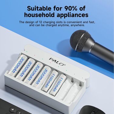 Акумуляторні батарейки типу АА із зарядним пристроєм, 8 слотів, портативна швидка зарядка USB 5V/2A для нікель-металгідридних батарей 1.2V, незалежна зарядка, 12 акумуляторних батарейок типу АА із зарядним пристроєм