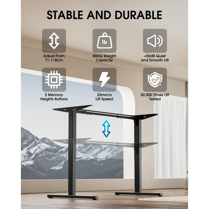 Каркас столу з регулюванням висоти та кабельним лотком, електрично регульований по висоті каркас столу з потужним двигуном, контролером пам&39яті та функцією захисту від зіткнень (чорний)