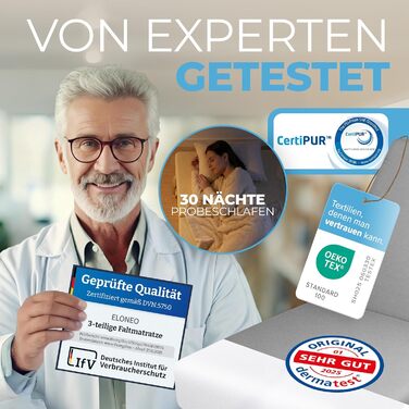 Матрац ELONEO Folding, гостьовий матрац, 3-секційний розкладний матрац, надзвичайно товста піна (15 см), можна прати, ортопедична подушка, складний, складний матрац, для дорослих (сірий, 75 x 195 x 15 см) 75 x 195 x 15 см сірий