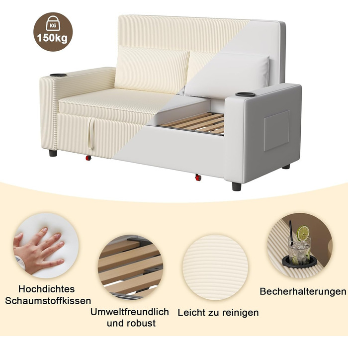 Диван Devoko з функцією сну, розкладний диван-ліжко з регульованою спинкою, невеликий диван-ліжко, розкладний диван, 2-місний диван для вітальні та спальні, бежевий 75Г x 160Ш см