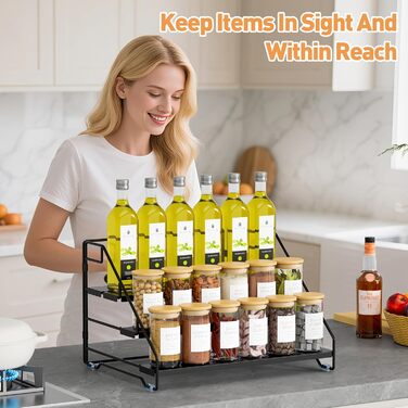 Рівнева підставка для спецій, металева регульована підставка для спецій, не потребує свердління, підставки для спецій для кухні, шафи та стільниці, органайзер для підставок для спецій (чорний), 4-