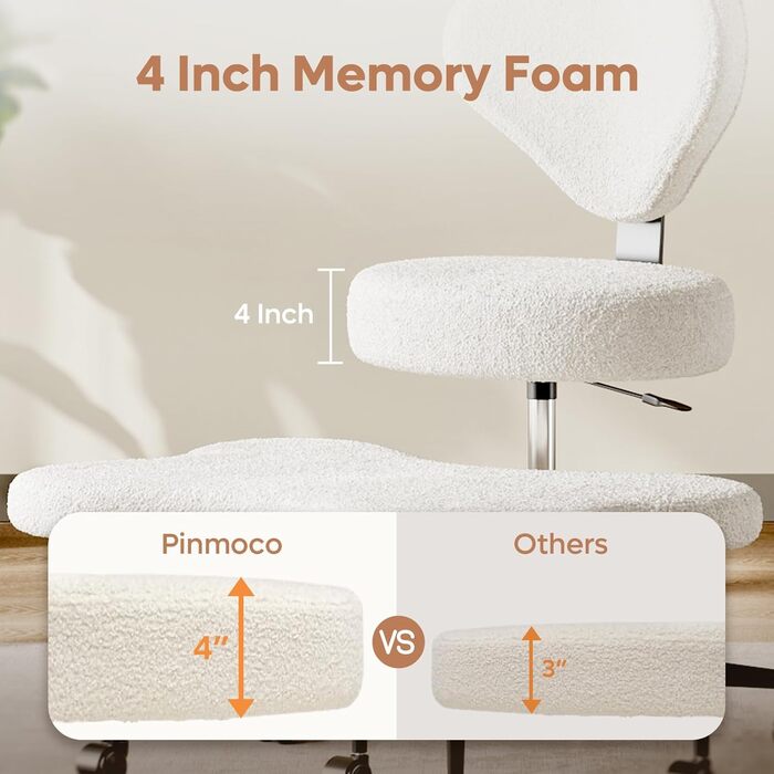 Ергономічне крісло для медитації з поворотом на 360 та колесами, регульоване по висоті сидіння, міцна поперекова підтримка, плюшева тканина, форма розбитого серця, кремова плюшева тканина