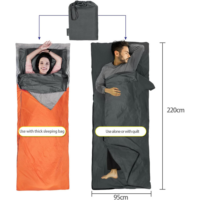Бавовняний спальний мішок MYCARBON 2-в-1, 95x220 см, надлегкий спальний мішок із захисним чохлом на блискавці, ідеально підходить для походів, подорожей, кемпінгу, активного відпочинку, хостелів, гірських хатин, сірий