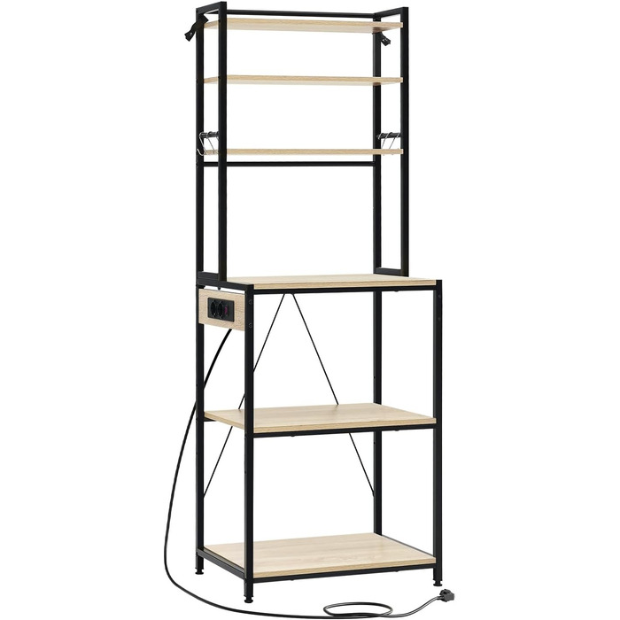 Кухонна полиця WOLTU на 6 рівнів з розетками, полиця для мікрохвильової печі з 6 гачками, полиця для пекаря з металевим каркасом, регульована полиця, чорнийсвітлий дуб, 60 x 167 x 40 см чорнийсвітлий дуб 60 x 39,5 x 167 см