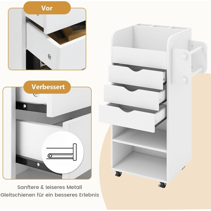 Контейнер на колесах COSTWAY з 3 шухлядами, візок для рукоділля з 2 коліщатками та 3 відділеннями, дерев&39яна шафа з шухлядами на колесах, багатоцільовий візок на колесах для офісу/кабінету (білий)