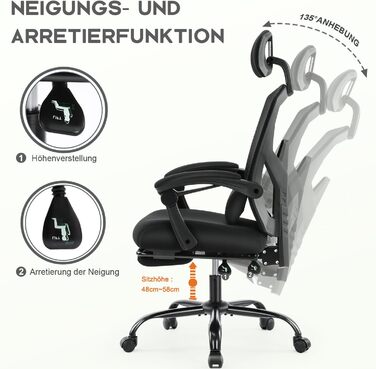 Ергономічне офісне крісло DUMOS, письмове крісло зі зручними підлокітниками, оснащене зручною поперековою опорою та підставкою для ніг, підходить для домашнього використання, C-3509-Чорний, 26 x 39 x 50,75 дюймів