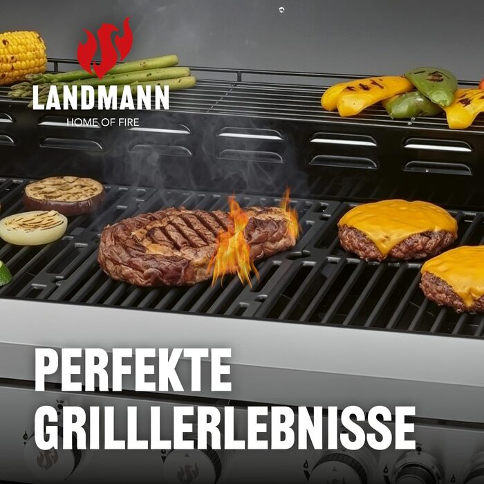 Газовий гриль LANDMANN Gasgrill 6.1 6 пальників, MaxX-Zone, велика площа гриля та чавунні решітки Потужний гриль для саду та відпочинку на природі з LED-регуляторами та бічним столом
