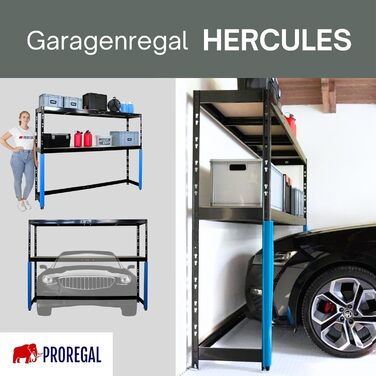 Стелаж для гаража PROREGAL Hercules, компактний, доступний для навантажувача, розміри (ВxШxГ) 180x240x50 см, 2 рівні зберігання, вантажопідйомність полиці 300 кг, чорний, надміцний стелаж, стійка для зберігання