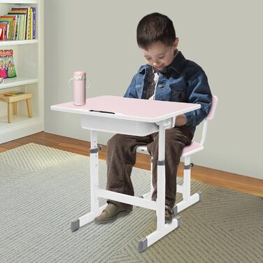 Дитячий письмовий набір, дитячий стіл з регульованою висотою (стіл 64-76 см, стілець 36-42 см), стіл з гачками, шухлядою та лотком для ручок для дітей віком 3-18 років, навчання письму та малюванню (рожевий, білий)