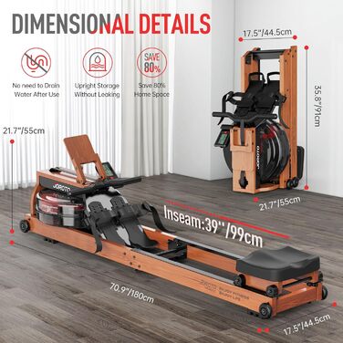 Домашній гребний тренажер JOROTO Oak, складний водний гребний тренажер з Bluetooth-дисплеєм та 30-денним безкоштовним членством у Kinomap, гребний тренажер з регульованим тримачем для планшета, вантажопідйомність 150 кг MR280PRO-OAK