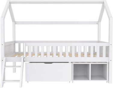 Дитяче ліжко 90x200 см із захистом від падіння, дитяче ліжко-будиночок з шухлядами та відділеннями для зберігання, міцне дерев&39яне ліжко-будиночок на дереві з рейковою основою, ігрове ліжко-будиночок з соснової деревини для хлопчиків та дівчаток, біле з