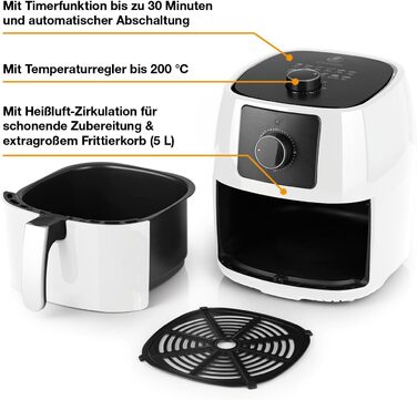 Фритюрниця KOCHWERK ємністю 5 л Смаження та точне приготування без жиру, також ідеально підходять для гриля, запікання та розігріву Можна мити в посудомийній машині та функція таймера 1400 Вт/білий