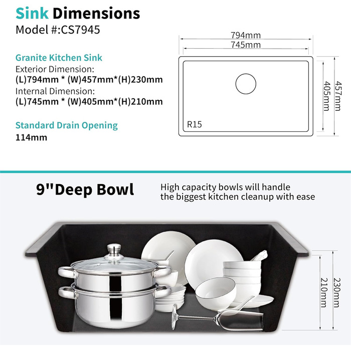 Гранітна мийка Чорна кухонна мийка 80 кварцовий пісок гранітна мийка, 1 чаша вбудована раковина, в т.ч. сифон обробна дошка і більше (794x457x230 мм)