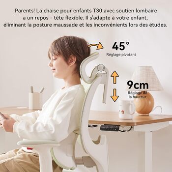 Дитяче письмове крісло MUSSO T30, ергономічне поворотне крісло з 3D-підтримкою поперекового відділу хребта/глибиною сидіння, 2D-підлокітниками/підголівником/поворотом 45, регулюванням висоти, сітчастим чохлом, підходить для школи, дитячої кімнати та викор