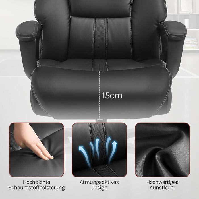 Офісне крісло WOLTU, крісло керівника, 150 кг, ергономічне велике комп&39ютерне крісло, офісне крісло з підголівником для офісу, ігрової кімнати або конференц-залу, штучна шкіра, чорний колір