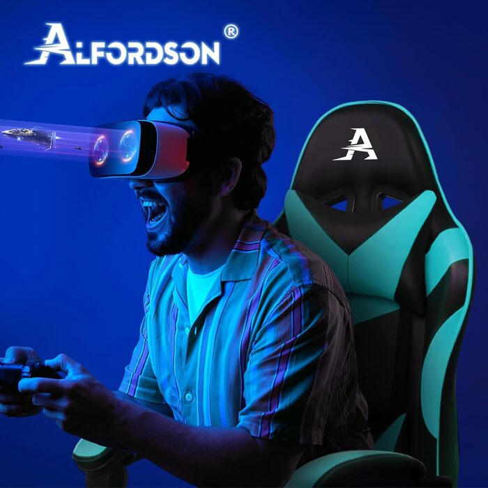 Офісне крісло ALFORDSON з масажем, ігрове крісло, ергономічне ігрове крісло з підставкою для ніг, масажна подушка для попереку з підставкою для ніг, обертове крісло, вантажопідйомність 180 кг, блакитний колір