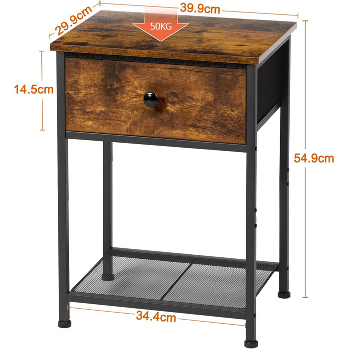 Набір з 2 тумбочек, Бічний столик з тканинними шухлядами, Тумбочка з 2 полицями, Тумбочка для спальні, Вітальні, Індустріальний стиль, 40 x 30 x 55 см Вінтажний коричневий EHET03SDBR