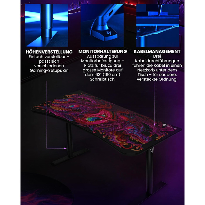 Надширокий вигнутий ігровий та офісний стіл Arozzi Arena з водовідштовхувальним килимком на всю поверхню, вирізами для організації кабелів та сіткою (Crawling Chaos)