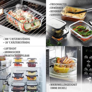 Контейнер для зберігання продуктів GEFU MILO - Розумний ланчбокс із моніторингом свіжості та споживання через додаток, Скло із силіконовою пломбою та застібкою Click, Контейнер для продуктів, Контейнер Tupperware, 1500 мл, Прямокутний, Чорний/Срібний