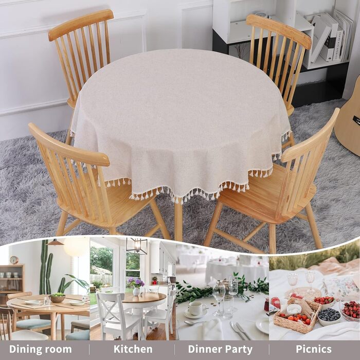 Бежева скатертина кругла 120 см Полотняна скатертина з бавовни, що миється, стійка до зминання Пилонепроникна з китицями для кухні