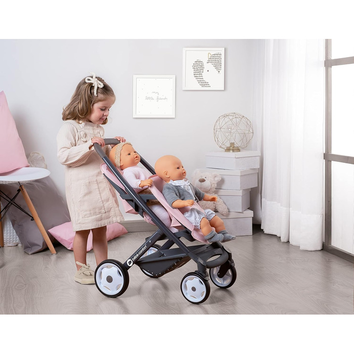 Коляска для двійні - для ляльок та ляльок - безшумні та різноспрямовані колеса - кошик для зберігання - 253216 Рожевий