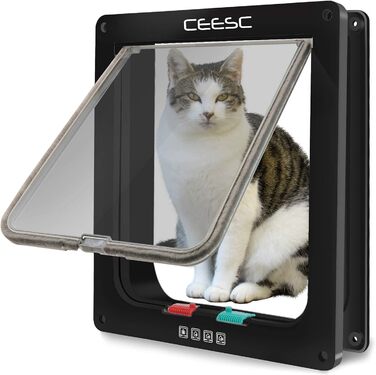 Великі котячі дверцята CEESC (зовнішній розмір 28 x 24,9 см), великі котячі дверцята з 4-стороннім замиканням, водонепроникні котячі дверцята для домашніх тварин з обхватом <63 см