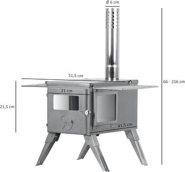 Піч для намету з нержавіючої сталі CampFeuer 51.5 x 42 x 216 см срібло Портативна дров'яна піч для кемпінгу, на відкритому повітрі, намету Піч для обігріву намету, піч для намету на дровах, піч для намету на відкритому повітрі