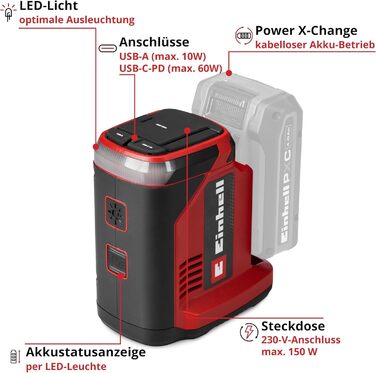 Акумуляторна зарядна станція Einhell TC-ES 18/150/1 Li-Solo Power X-Change (18 В, компактний інвертор, підключення 230 В, порт USB-A та USB-C для заряджання, без акумулятора)