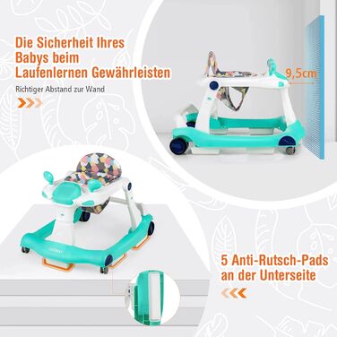 Складні ходунки для немовлят COSTWAY 2-в-1, ходунки регульовані по висоті, без прогулянок з музикою та світлом, допоміжний засіб для ходьби з захистом від зіткнень і ковзання, ходунки для немовлят, для 6-18 місяців, з навантаженням до 15 кг (зелений)