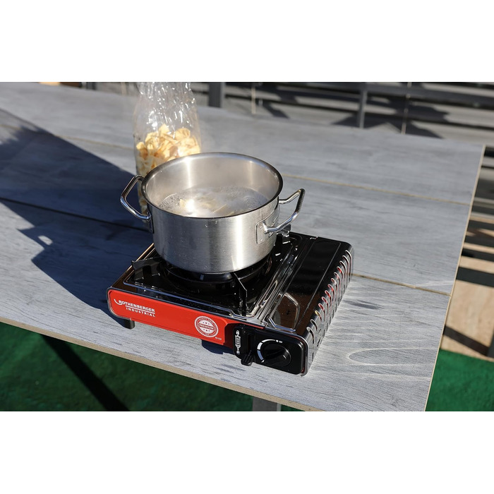 Промислова кемпінгова плита ROTHENBERGER PREMIUM, включаючи 4 газові картриджі включаючи футляр для перенесення Газова плита з 1 конфоркою, кемпінговий картридж для каструль 12-26 см Premium, включаючи 4 газові картриджі