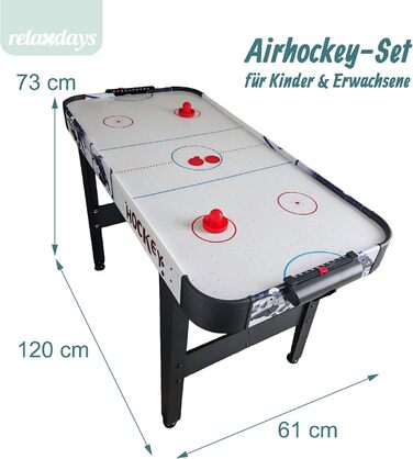 Аерохокейний стіл Relaxdays, дитячий, HBT 73x120x61 см, вкл. 2 шайби та 2 шт. овхачі, хокейний стіл з повітродувкою, чорний/білий