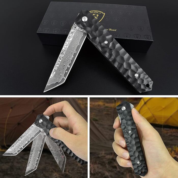 Кишеньковий ніж з дамаської сталі AUBEY, складаний ніж танто з дамаської сталі чорний, дамаський ніж в японському стилі, одноручни