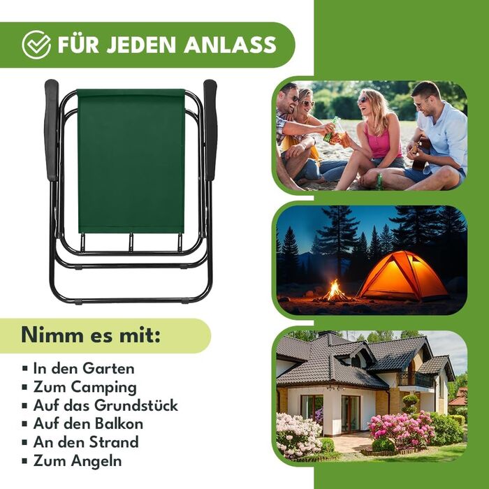 Складаний кемпінговий стілець, зелений, міцний кемпінговий стілець, до 100 кг, сталевий каркас, складний садовий стілець 73x46x51 см, складний стілець для саду, пляжу, риболовлі, балкону, аксесуари для кемпінгу