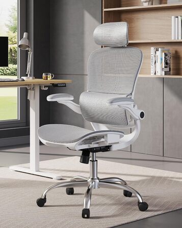 Ергономічне офісне крісло DEVAISE Робоче крісло із сегментованою спинкою, регульованим підголівником та поперековою опорою, 4D-підлокітниками, функцією гойдання, високою спинкою, для офісного використання, до 180 кг, сірий колір