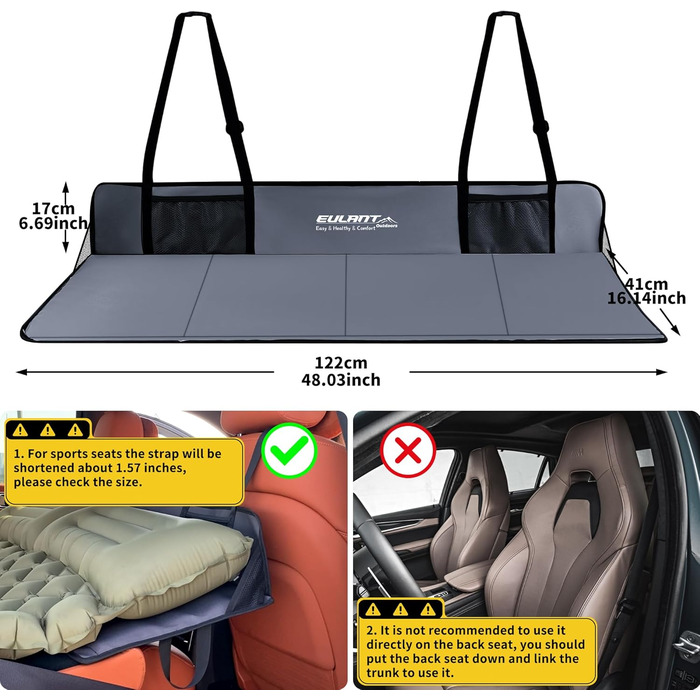 Міст для заднього сидіння автомобіля EULANT, підтримує надувний матрац для кемпінгу в автомобілі та подовжує заднє сидіння, щоб надати собакам більше місця, для більшості автомобілів, позашляховиків, мінівенів, сірий