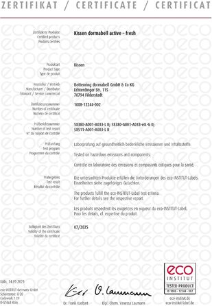 Подушка Dormabell Active Fresh 80x80 см Охолоджуюча та регулює температуру Індивідуально регульована висота наповнення Функціональні волокнисті кульки Можна прати при температурі до 60C Сертифіковано AGR Зроблено в Німеччині