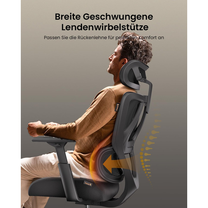 Ергономічне офісне крісло ProtoArc EC100 комп&39ютерне крісло з пружинною подушкою товщиною 10 см, поперековою опорою, регульованими підлокітниками та підголівником, сітчасте поворотне крісло для домашнього офісу, чорне