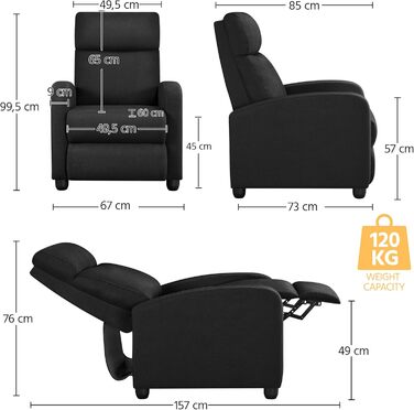 Крісло для телевізора Lounge Крісло-реклайнер з функцією відкидання М&39яке крісло з лляною тканиною Регульоване одномісне крісло Вітальня Спальня Домашній кінотеатр Чорний лляний