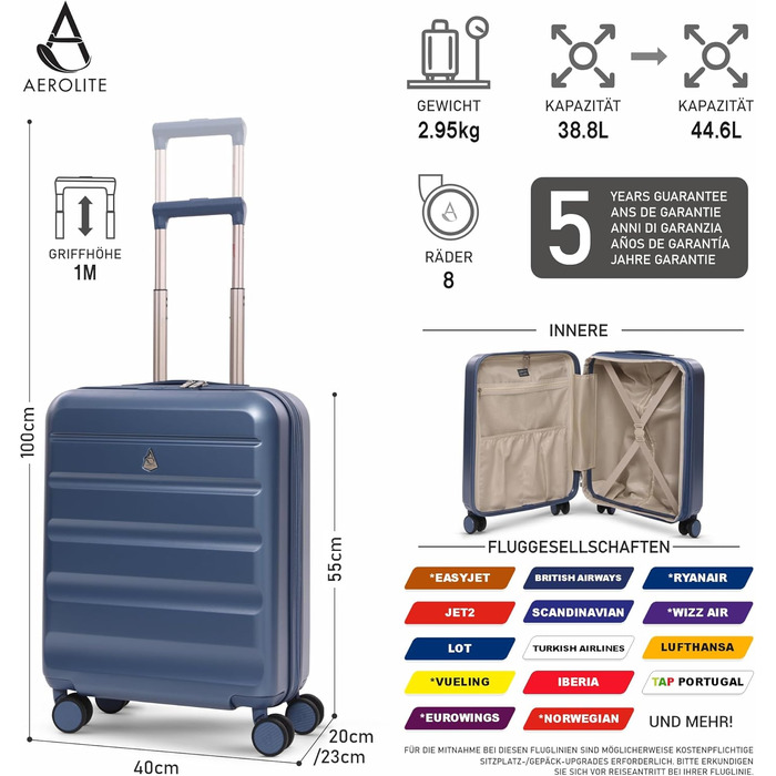Розширювана валіза Aerolite з можливістю розширення від 55x40x20 см до 55x40x23 см, Lufthansa, Eurowings, Condor, Wizz, Air Priority та інші, максимальний розмір, легка, тверда, для ручної поклажі, 55x40x20 см, 55x40x23 см, з 4 колесами, синя, 55x40x20 см