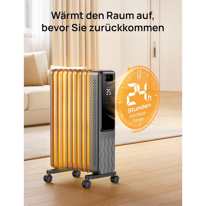 Енергозберігаючий масляний радіатор Dreo 2000 Вт, портативний електричний обігрівач з 9 ребрами, пульт дистанційного керування, 3 налаштування нагріву, 4 режими, 24-годинний таймер, захист від перегріву та перекидання, електричний радіатор з термостатом, 