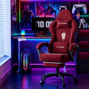 Ігрове крісло Huracan з підставкою для ніг, дихаюче ергономічне ігрове крісло з мікрофібри велюру, ігрове крісло, ігрове крісло з регульованим підголівником та масажною подушкою для попереку, підлокітники (червоні) плоска подушка сидіння, стиль 1 червоний