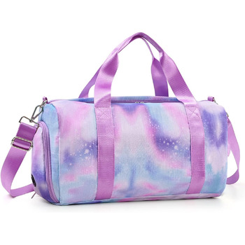 Дитяча спортивна сумка, дорожня сумка з відділенням для взуття та відділенням для мокрих речей, сумка для плавання, дорожня сумка для дівчаток для гімнастики та плавання, мила барвиста сумка для танців з райдужним візерунком, спортивна сумка (фіолетова)