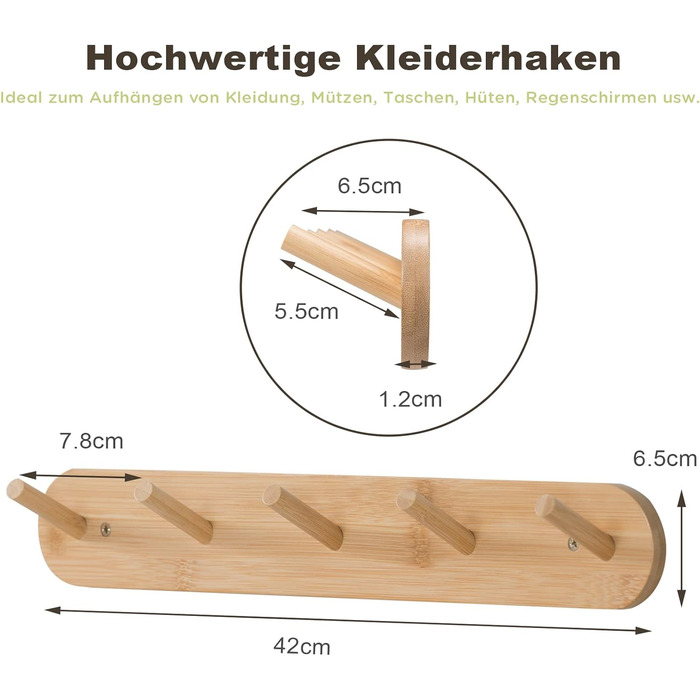 Настінні гачки для пальто Edergoo 2 шт. и, міцні гачки для пальто бамбукові з 10 гачками, дерев'яна вішалка для передпокоїв, спале