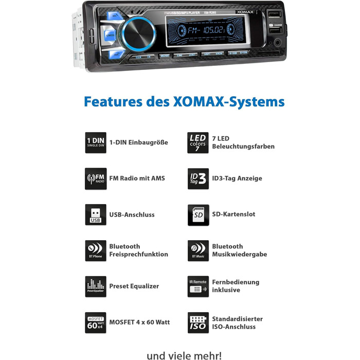 Автомагнітола XOMAX XM-R265 з системою гучного зв'язку Bluetooth I Функція заряджання смартфона через 2-й USB-порт I Carbon Optic I 7 світлодіодів з регулюванням кольорів I RDS I USB, SD, MP3, AUX I 1 DIN