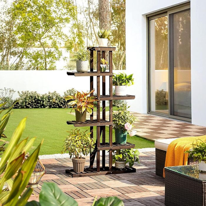 Ярусна підставка для квітів Yaheetech, полиця для квітів з масиву дерева, стійка для рослин, компактна та багатофункціональна лавка для квітів для балкону/тераси/саду 75 x 27 x 140 см, 6-