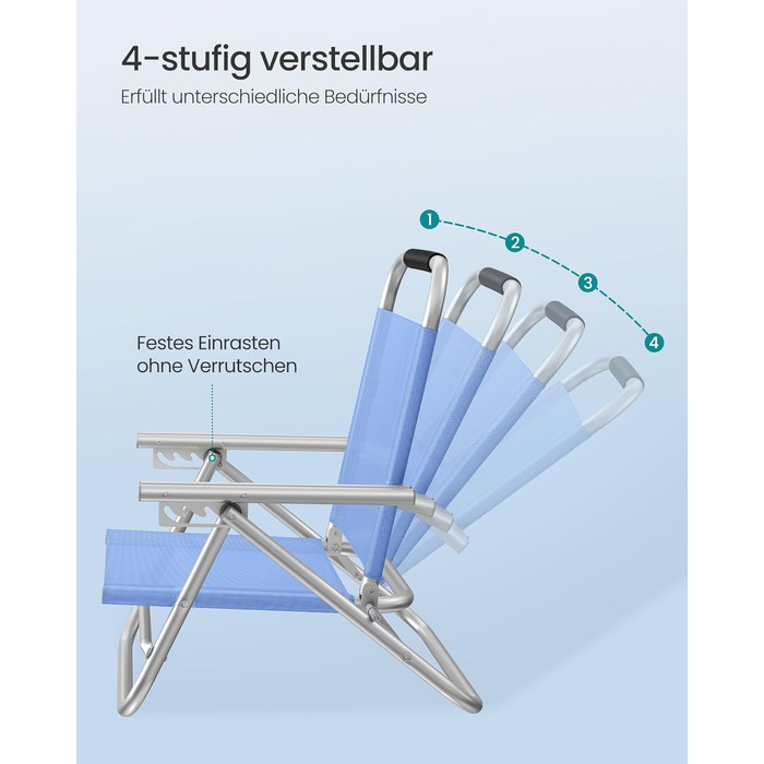 Пляжне крісло SONGMICS, портативне розкладне крісло, регульована спинка в 4 положеннях, з підлокітниками, дихаюче та зручне, вуличне крісло 1, синього кольору