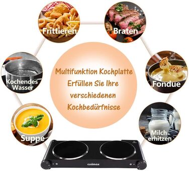 Інфрачервона варильна поверхня CUSIMAX 2 шт. 1200 Вт 1200 Вт Електрична варильна поверхня зі склокераміки, портативні подвійні варильні поверхні з регулюванням температури для зовнішнього/внутрішнього використання, для всіх типів гончарів, чорна нержавіюч